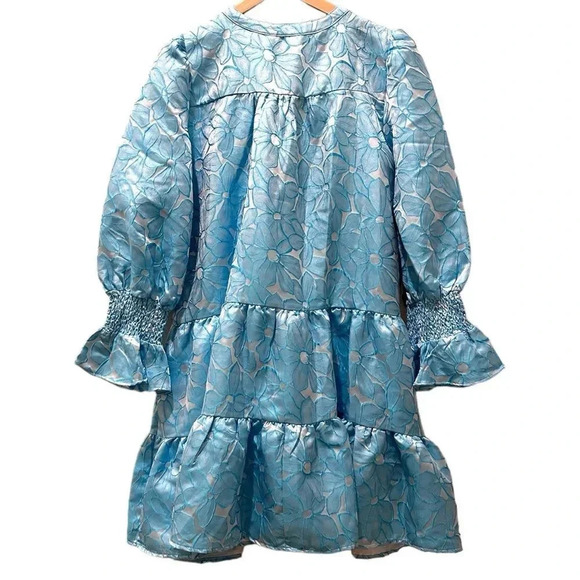 New Tuckernuck Pomander Place Blue Daisy Jacquard Kenzo Long Sleeve Mini Dress - Picture 7 of 14